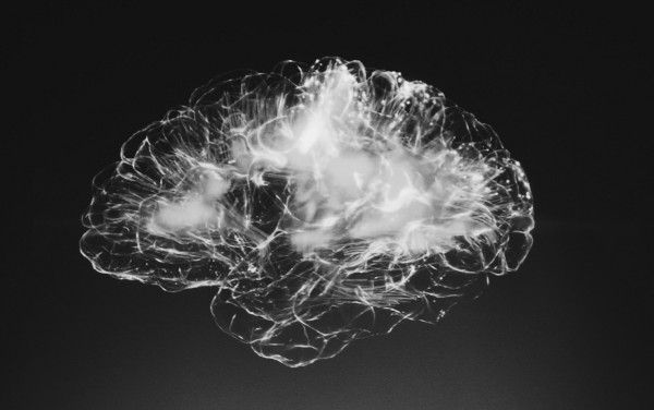 Side view of a brain rendered as a translucent cloud-like form