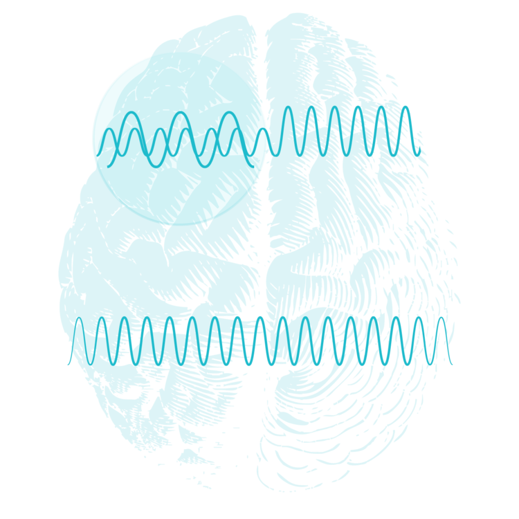 Top view of a brain with vertical wave lines drawn over it