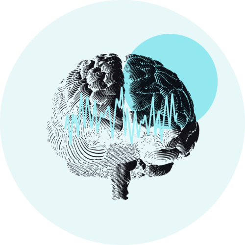 Rear view of a brain with a translucent circle in the upper right and a zigzag electromagnetic waveform in the center